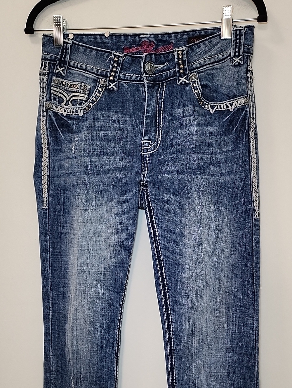 Rock & Roll Cowgirl Y2K Women's Dark Blue Studded Bootcut Jeans Size 27 - Picture 8 of 16